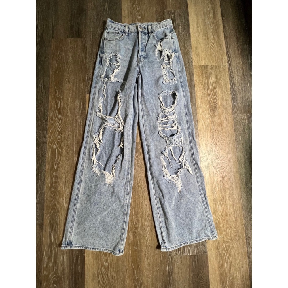 PacSun Distressed Wide Leg Jeans Womens size 2 Light Blue Shredded Baggy Denim